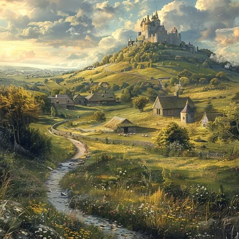 Fantasy Village, Castle On The Hill, Fantasy Town, Old Castle, Rpg Map, My Fantasy World, Fantasy City, Fantasy Castle, Fantasy Setting