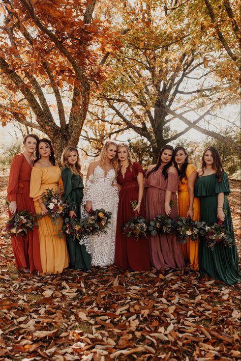 Autumn Wedding Colors Bridesmaid Dress, Orange Fall Bridesmaid Dresses, Jewel Color Bridesmaid Dresses, Same Shade Different Style Bridesmaid Dresses, Rustic Fall Wedding Bridesmaids Dresses, Rust And Sunflower Wedding, Fall Theme Bridesmaid Dresses, Different Color Fall Bridesmaid Dresses, Fall Bridesmaids Colors Colour Palettes