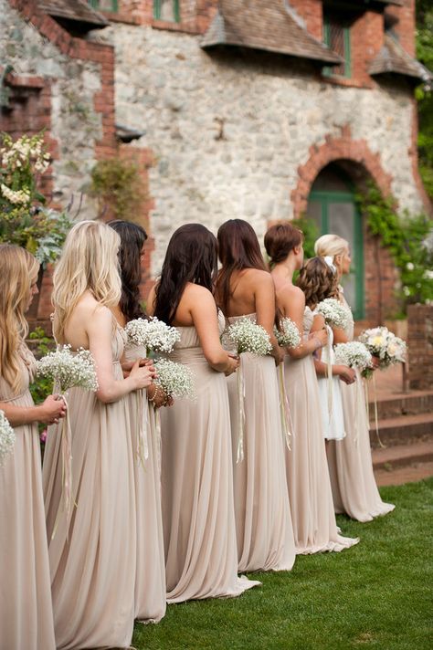 Simple baby's breath bouquets can be stunning with the right colour combinations - I had a bride recent do this and not only did they look great but they saved a lot of money too. I love these simple white bouquets with these blush tone dresses. Champagne Bridesmaid Dresses, Champagne Bridesmaid, Hope Photography, Gold Bridesmaid Dresses, Walk Down The Aisle, Gold Bridesmaids, Neutral Wedding, Bohol, Bridesmaids Dress