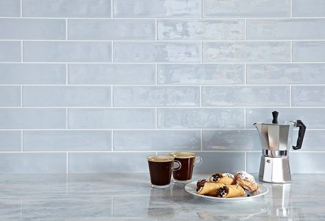 Origin 10 1/2'' x 2 1/2'' Sky Blue (G) | Products | AKDO Tile Dealers Blue Tile Bathroom Backsplash, Light Blue Kitchen Backsplash, Blue Aesthetic Kitchen, Blue Splashback Kitchen, Blue Subway Tile Kitchen, Light Blue Backsplash, Matte Subway Tile, Beach Tile, Kitchen Tile Ideas