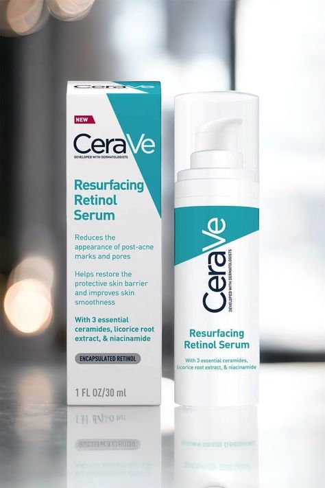 Crafted with dermatologists, CeraVe Resurfacing Retinol Serum minimizes post-acne marks and pores while enhancing skin smoothness. Featuring encapsulated retinol, along with essential ceramides, hyaluronic acid, and niacinamide, it restores the skin barrier, retains moisture, and calms the skin. This lightweight serum evens skin tone and texture, delivering long-lasting benefits through MVE technology. #health #skincare #michaelcera Cerave Resurfacing Retinol Serum, Resurfacing Retinol Serum, Post Acne Marks, Pore Minimizer, Tone Skin, Serum For Face, Retinol Serum, Licorice Root Extract, Acne Marks