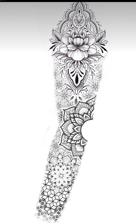 Tattoos For Women Sleeve Arm, Womens Mandala Sleeve Tattoo, Popular Tattoos 2024, Girly Arm Sleeve Tattoos, Mandela Tattoo Designs For Women, Tattoo Manga Mujer, Mandala Background Tattoo, Mandala Sleeve Tattoo Women, Mandala Arm Sleeve