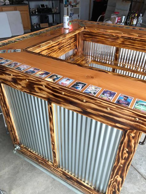 Bar I built for friends 50th. Sports cards under epoxy top. Cool Bar Top Ideas, Bar Top Ideas, Standing Bar, Roof Ideas, Rolling Bar, Top Ideas, Roof Deck, Bar Top, Sports Bar