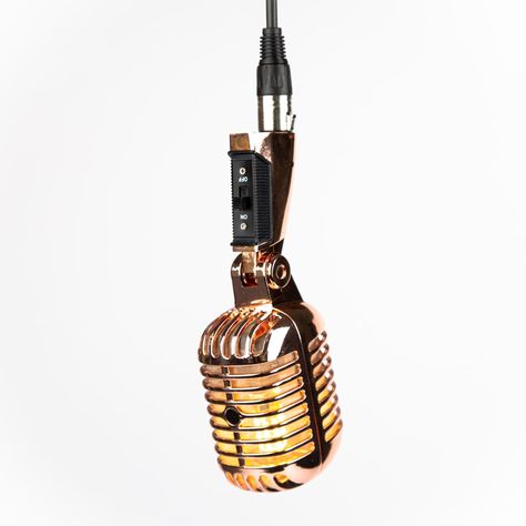 Classy 💫 MicrophoneMania.com ! Microphone Lamp, Gold Microphone, Retro Microphone, Restaurant Decoration, Hanging Lamps, Ceiling Canopy, Go Wild, Black Lamps, Metal Homes