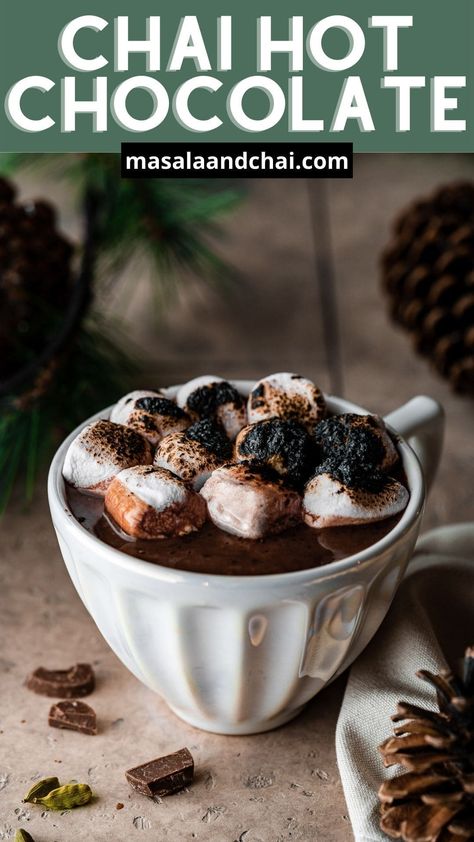 Enjoy this thick and creamy Chai Hot Chocolate made with real chocolate and simmered with chai spice for a cozy holiday drink! Top it with torched marshmallows and sip on it by the fire. Chai Hot Chocolate, Chai Recipes, Spiced Chocolate, Chai Recipe, Cozy Drinks, Hot Chocolate Drinks, Holiday Drink, Chai Spice, Winter Drinks