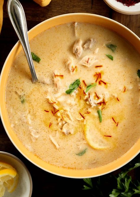 Avgolemono Soup with Saffron - Crave-Worthy Lemon Olive Oil Dressing, Salmon Soup, Avgolemono Soup, Olive Oil Dressing, Oil Dressing, Squeezed Lemon, Lemon Olive Oil, Greek Dishes, Chicken Soup Recipes