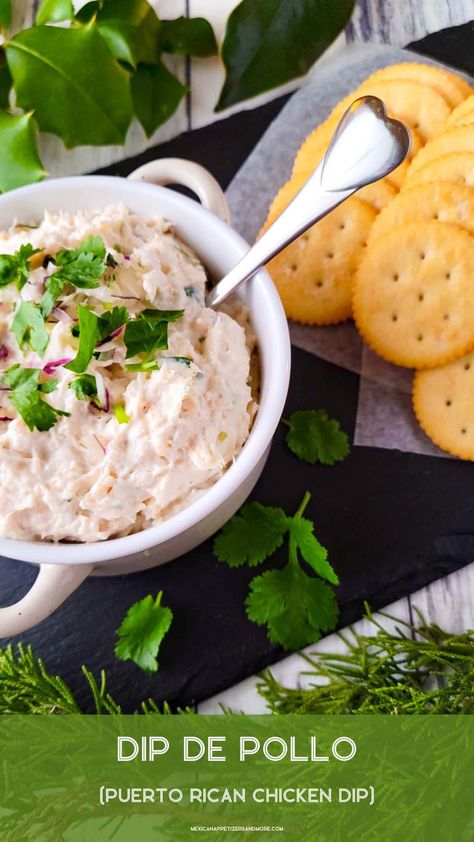 Dip de Pollo Puerto Rican Dips, Canned Chicken Dip, Fried Pork Chunks, Cilantro Mayo, Shredded Chicken Cream Cheese, Pork Chunks, Conch Salad, Chicken Cream Cheese, Mashed Plantains