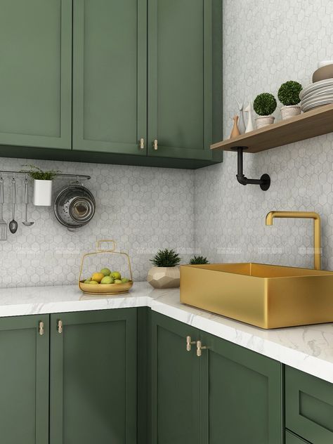 Octagon Kitchen Backsplash, Kitchen Hexagon Backsplash, Marble Mosaic Backsplash Kitchen, Hexagon Backsplash Kitchen, Hexagon Kitchen Backsplash, Green Kitchen Cupboards, Marble Mosaic Backsplash, White Marble Backsplash, Olive Green Kitchen