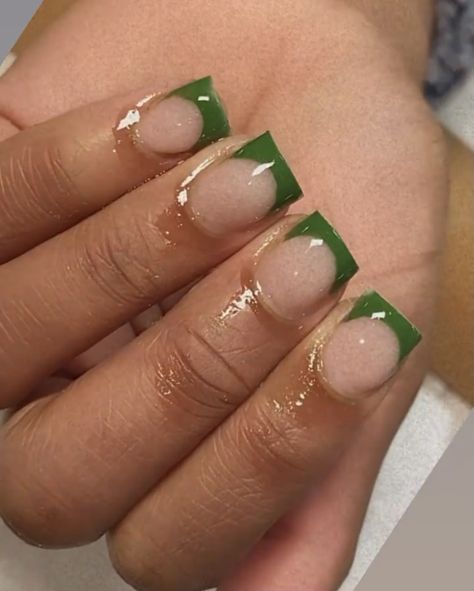 Short Nails For Black Women Dark Skin, Short Olive Nails, Short Green French Tip Acrylic Nails, Short Color French Tip Acrylic Nails, Green French Manicure Nails, Shorties Nails Green, Extra Short Square Acrylic Nails, Green Shirt Nails, Short Nails Green Design