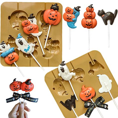 PRICES MAY VARY. Halloween Lollipop molds Set: You will receive 2 Halloween lollipop silicone molds and a pack of 50 lollipop sticks, these Halloween candy molds have 8 different shapes of patterns, (cats, pumpkins, ghosts, witches hats). One lollipop mold has 5 cavities, the other has 6 cavities, 11 cavities in total. Premium material:LLchunyun lollipop molds made of food grade silicone. BPA-free. SGS and LFGB approved. 1.8mm thick and durable. Never lose shape. Freezer & oven safe within tempe Bake Sell, Halloween Candy Molds, Lollipop Molds, Fun Halloween Party Food, Which Hat, Pumpkin Mold, Halloween Lollipop, Candy Making Supplies, Lollipop Mould