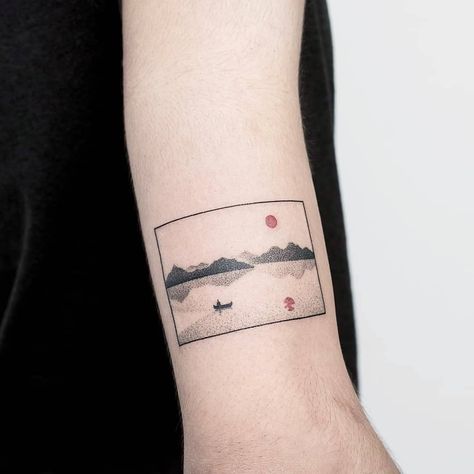 Frame Tattoo Design Square, Square Tattoos, Complex Tattoos, Square Tattoo, Henne Tattoo, Framed Tattoo, Landscape Tattoo, New Tattoo Ideas, 4 Tattoo