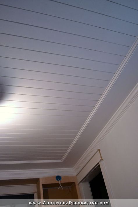 Small Area Ceiling Design, T111 Interior Walls Ideas, Ceiling Shiplap, Easy Basement Ceiling, Decorative Ceiling Panels, Basement Ceiling Options, Ceiling Diy, Ceiling Remodel, Wood Plank Ceiling