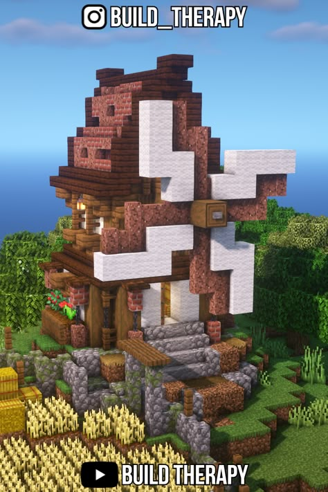 Mining Area Minecraft Ideas, Simple Windmill Minecraft, Wind Mill Minecraft, Minecraft Farmhouse Ideas, Minecraft Windmill Design, Medival Minecraft Decorations, Minecraft Medieval Windmill, Minecraft Cottagecore Windmill, Medieval Farmhouse Minecraft