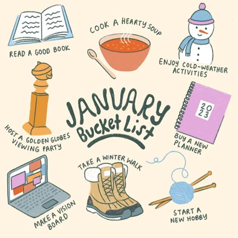 January Bucket List, Hello 2023, Make A Vision Board, Monthly Activities, Cold Weather Activities, Making A Vision Board, Hearty Soup, Weather Activities, Vie Motivation