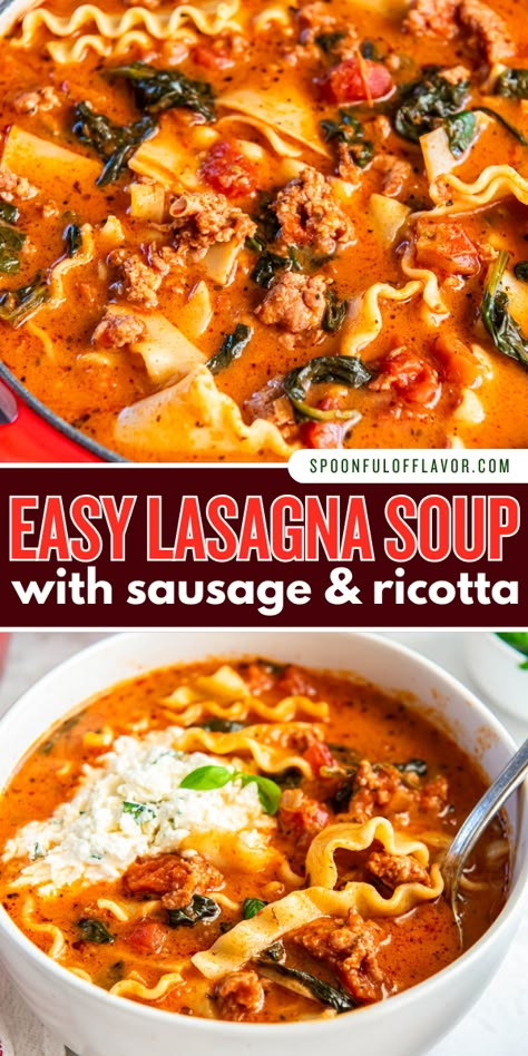 Lasagna Soup is the perfect comfort food served in a bowl and topped with creamy ricotta cheese. It’s made with fresh spinach, tomatoes, Italian sausage, lasagna, herbs and more. Enjoy this family friendly soup that cooks in less than 35 minutes! Lasagna Soup Stove Top, Lasagna Soup With Sausage, Sausage Lasagna Soup, Soup Recipes For Dinner, Quick And Easy Soup Recipes, Lasagne Soup, Lasagna Soup Crockpot, Pasta Soup Recipes, Italian Sausage Lasagna