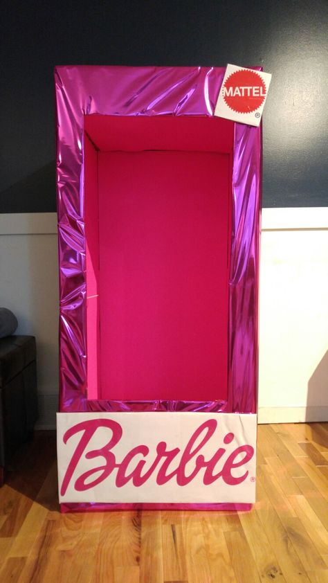 Barbie box photo booth. Goodie bags were photo booth props; necklaces, hats, speech bubble chalkboards, Mardi Gras beads, and sunglasses. (All from the dollar store) Barbie Float, Barbie Box Photo Booth, Barbie Photo Booth, Mattel Logo, Barbie Box, Barbie Birthday Party, Box Photo, Mardi Gras Beads, Barbie Birthday