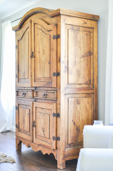 Secondhand Rustic TV Armoire Rustic Pine Armoire Makeover, Farmhouse Armoire Decor, Natural Wood Armoire, Living Room Armoire Decor, Boho Armoire Makeover, Armoire In Entryway, Armoire Storage Ideas, Pine Armoire Makeover, Farmhouse Armoire Makeover