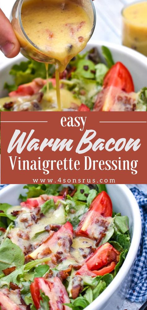 Warm bacon vinaigrette dressing is the perfect complement to any salad. This indulgent dressing will instantly jazz up any salad and make it a mouthwatering addition to any meal! View this easy recipe at 4sonrus.com. Bacon Vinegarette Dressing Recipe, Maple Syrup Dressing Vinaigrette Recipe, Quick Dressing Recipe, Warm Salad Dressings, Home Made Salad Dressing Vinaigrette, Vinegrette Dressing Recipes, Cranberry Vinaigrette Dressings, Vinegrette Salad Dressing Homemade, Vinegarette Dressing Recipes