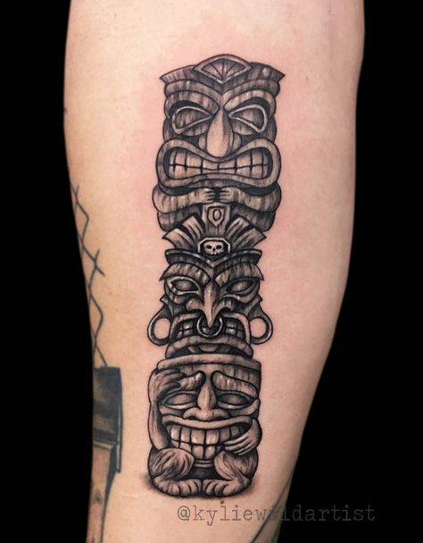 Tiki Leg Tattoo, Tiki Hut Tattoo, Tiki Totem Tattoo, Hawaiian Culture Tattoo, Tiki Tattoo Hawaiian, Tiki Mask Tattoo, Tiki Tattoo Ideas, Totem Tattoo Design, Aztec Totem