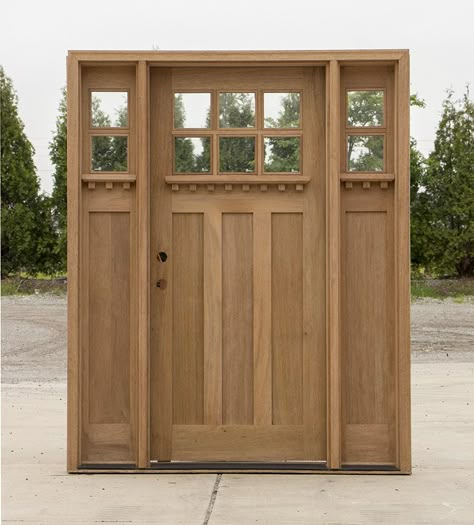 Craftsman Entryway Exterior, Back Doors Ideas, Craftsman Exteriors, Dentil Shelf Front Door, Craftsman Door Exterior, Craftsman Style Double Front Door, Craftsman Door With Sidelights, Craftsman Double Front Door, Wood Front Door With Transom