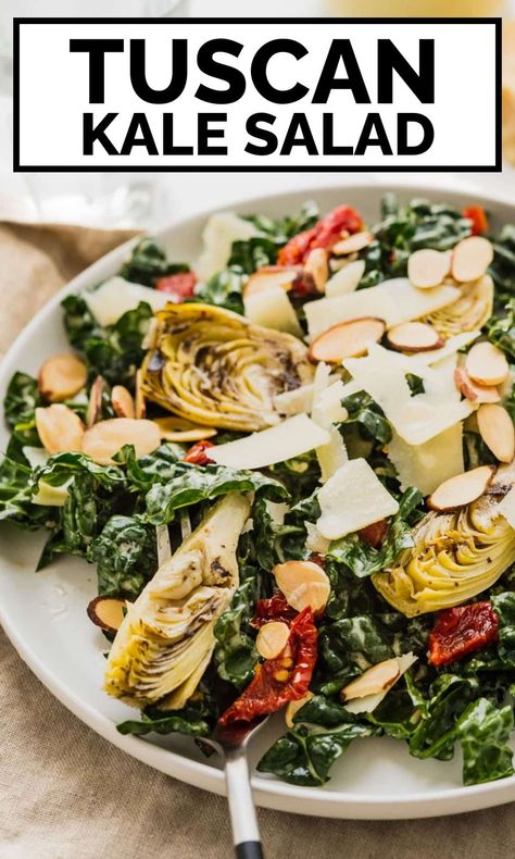 Lacinato Kale Recipe, Creamy Kale Salad, Best Kale Salad Recipe, Tuscan Kale Salad, Healthy Starter, Artichoke Salad Recipes, Kale Pasta Salad, Best Kale Salad, Kale Salad Dressing