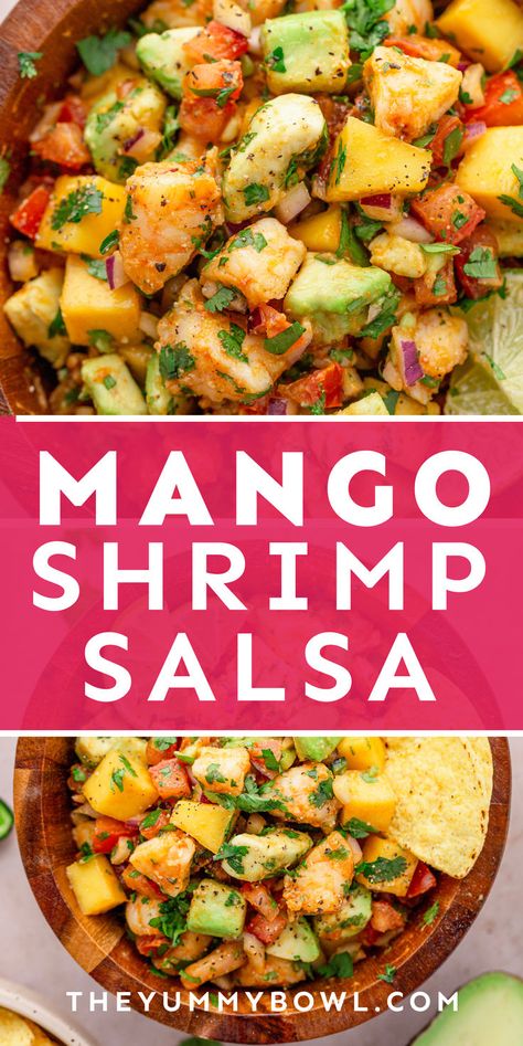 mango avocado shrimp salsa. Mango Salsa Shrimp, Mango Appetizer, Shrimp Salsa Recipe, Salsa With Avocado, Shrimp Salsa, Tropical Recipes, Avocado Shrimp, Citrus Shrimp, Pineapple Shrimp