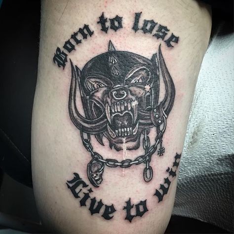 Motörhead tattoo by @bzelliott on @admiralwolverine_lightningbolt #motorhead #motorheadtattoo #borntolose #lemmy Tattoos For Metalheads, Megadeath Tattoos, Motor Head Tattoos, Motorhead Tattoo, Motorhead Tattoo Ideas, Heavy Metal Tattoo, Musician Tattoo, Dice Tattoo, Lemmy Motorhead