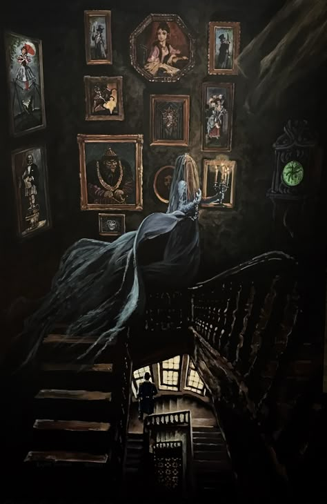 One of 3 paintings I created for Disneyland's Haunted Mansion 50th anniversary. Creepy Mansion Art, Disney Haunted Mansion Aesthetic, Haunted Mansion Disney Aesthetic, The Haunted Mansion Wallpaper, Haunted Mansion Aesthetic Wallpaper, Haunted Manor Aesthetic, The Haunted Mansion Aesthetic, Haunted Mansion Artwork, Haunted Manor Decor