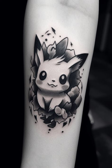 A stunning black and white Pikachu tattoo, featuring simple lines, intricate shading, and a charismatic design, that brings the character's energy and charm to life with minimalist elegance. This sleek and stylish design is an excellent choice for those seeking an artistic and understated representation of their love for Pikachu on their skin. Pikachu Tattoo Design, Black And White Tattoo, Pikachu Tattoo, Pokemon Tattoo, Latest Tattoos, Face Tattoos, White Tattoo, Tattoo Trends, The Minimalist