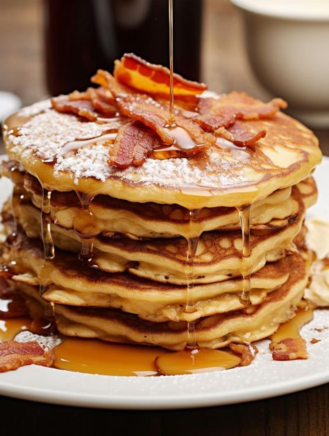 Savory-Sweet Bacon-Embedded Pancakes Pancakes And Bacon Aesthetic, Maple Bacon Pancakes, Bacon Pancake, Sweet Bacon, Pancakes Bacon, Bacon Pancakes, Cook Eggs, Caramelized Bacon, American Foods