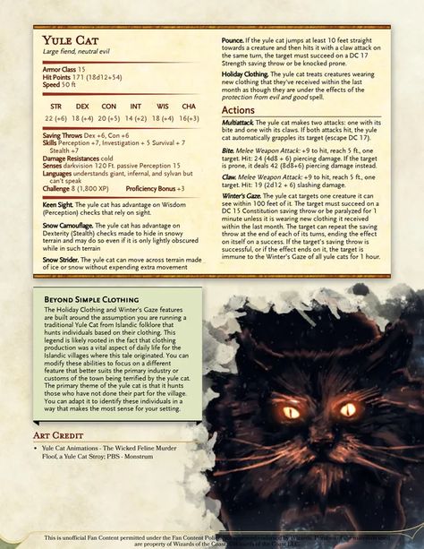 The Yule Cat: A Christmas Monster from Icelandic Folklore : UnearthedArcana Dnd Winter Monsters, Yule Cat Iceland, Christmas Dnd Monsters, Dnd Christmas Monsters, Dnd Christmas Characters, Christmas Dnd Character, D&d Christmas, Yule Folklore, Icelandic Folklore