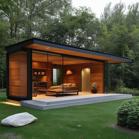 The Ultimate Contemporary Retreat: A Modern Shed for Your Guest House Adu Backyard Ideas, Modern Sheds Ideas Backyard, Modern Shed Ideas, Pool House Guest House Combo, Modern Shed Design, Poolhouse Guesthouse, Hidden Swimming Pools, Contemporary Pool House, Houses Design Ideas