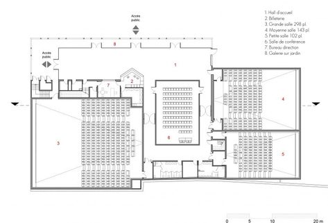 Ground floor plan. Cinema de Riom by Tracks Architectes. Photograph by Guillaume Amat. Cinema Plan Architecture, Cinema Floor Plan, Cinema Design Architecture, Cinema Plan, Theatre Plan, Auditorium Architecture, Commercial Building Plans, Architecture Site Plan, Cinema Architecture