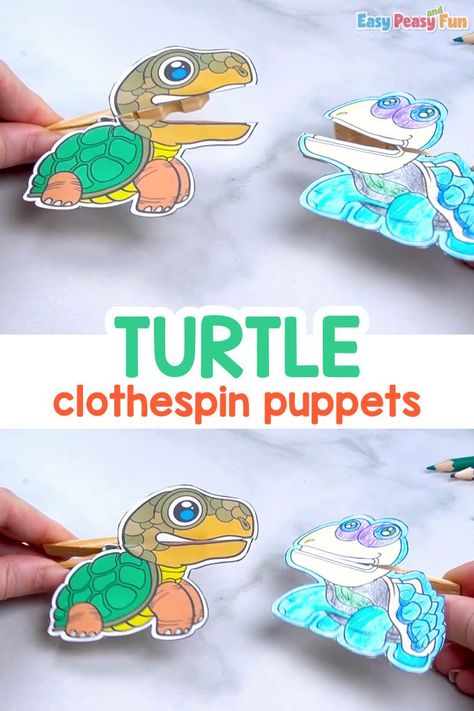 Turtle Clothespin Puppets Printable Templates Turtle Puppet, Clothespin Puppets, Alphabet Learning, Puppets Diy, Ladybug Crafts, Frog Crafts, Bug Crafts, Kids Pretend Play, Paper Wall Hanging