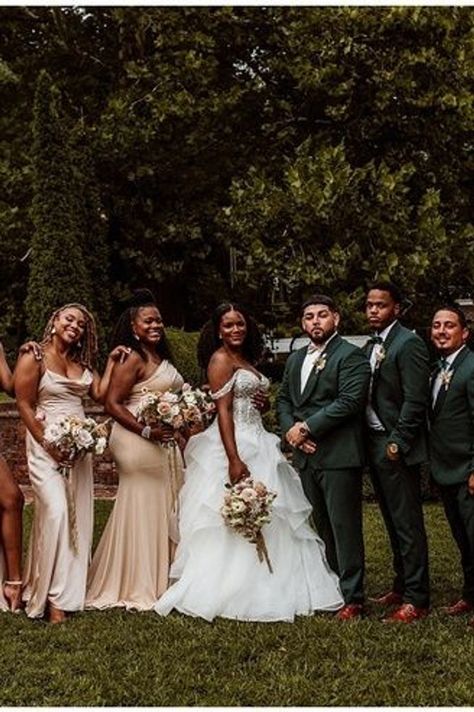 Green And Gold Wedding Party Attire, Gold And Green Bridal Party, Green And Gold Bridal Party, Hunter Green Wedding Party, Gold And Green Bridesmaid Dresses, Green And Gold Wedding Party, Green And Gold Bridesmaid Dresses, Green Champagne Wedding, Golden Bridesmaid Dresses