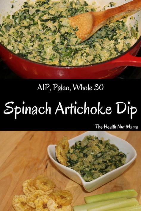 Easy AIP Paleo Artichoke Spinach Dip. Perfect healthy appetizer for entertaining or just as snack. So easy & delicious! Even the kids will love it! #aip #paleo #appetizer #glutenfree #dairyfree #vegan #spinach #artichoke #dip #entertaining #party #healthy #snack www.thehealthnutmama.com Aip Party Food, Aip Sauces, Aip Appetizers, Paleo Dips, Paleo Appetizer, Aip Lunch, Artichoke Spinach Dip, Aip Snack, Vegan Spinach Artichoke Dip