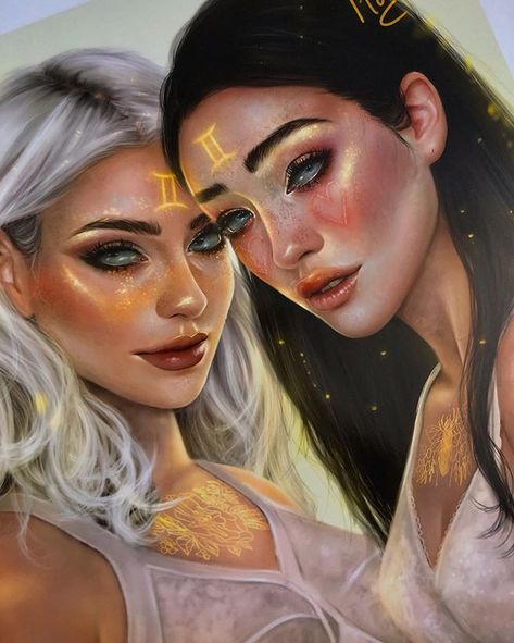 few hours until the gemini offer is gone ♊️ all prints are discounted and polaroids are available, both hand-signed 💛 link in bio or… Tati Moons, Doll Customization, Gemini Art, Halloween Digital Art, Gemini Girl, Zodiac Characters, Astrology Art, Goddess Artwork