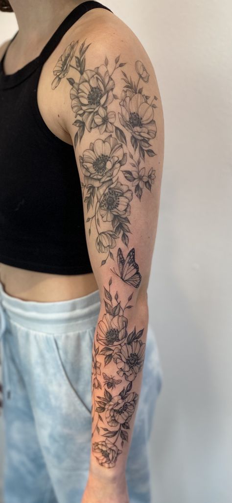 Wild Flower Tattoo Sleeve Forearm, Patchwork Floral Sleeve Tattoo, Wildflower Arm Sleeve, Wildflower Sleeve, Floral Quarter Sleeve Tattoo, Botanical Sleeve Tattoo Wild Flowers, Floral Arm Sleeve Tattoo, Patchwork Leg Sleeve, Womens Wildflower Sleeve Tattoo