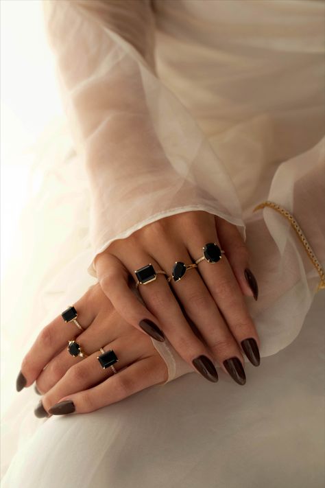 Dark and moody... perfect for the fall (or year-round if you ask us), discover our collection of Onyx rings. Be it an alternative bridal piece or a right hand ring, these opaque gems are sure to make an impact. Onyx is a softer gemstone, so wear with care. #onyx #onyxring #onyxengagementring #onyxjewelry #alternativebridal Onyx Rings Women, Black Onyx Rings, Black Statement Ring, Onyx Rings, Bangles Collection, Jewelry Alternative, Cardiff By The Sea, Black Onyx Engagement Ring, Engagement Rings Unique