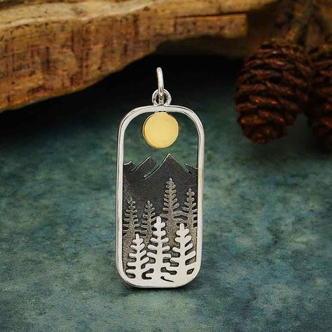 Silver Rectangle Tree Pendant with Bronze Sun Silver Mountain, Mountain Necklace, Travel Charms, White Jewelry Box, Rectangle Frame, Tree Necklace, Silver Tree, Tree Pendant, White Jewelry