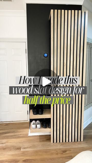 Stephanie Daniel | DIY & Home Decor on Instagram: "If you’ve been following me for a while, then you know that I LOVE wood slat wall design.   However, they can get expensive for large areas.   So, I came up with the idea of ripping 1×2×8 pine in half when I was building my coat rack area.   It ended up costing me half the price for this DIY slat wall design.   If I plan on painting the slats instead of staining them, I use primed pine, which is even cheaper than select pine.   I know lots of people use plywood, but seeing the unfinished edge of plywood bothers me, so I prefer using solid wood." Wood Slat Wall With Coat Hooks, Wood Slat Coat Rack Wall, Easy Slat Wall Diy, Slat Wall High Ceiling, Diy Slat Divider Wall, Partial Wood Accent Wall, Diy Wall Slat Wall, Wood Slat Wallpaper Ideas, Backlit Slat Wall