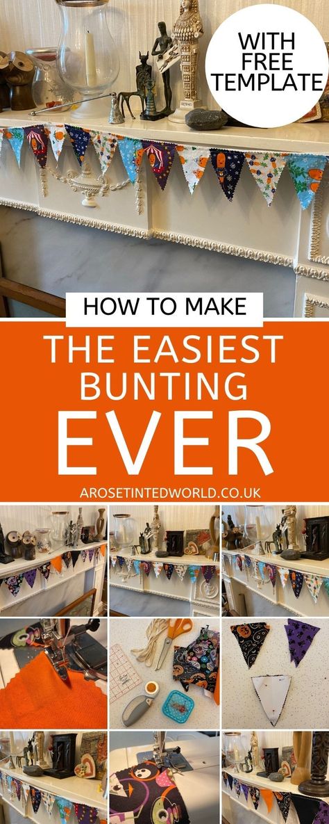 How To Make The Easiest Bunting Ever! ⋆ A Rose Tinted World How To Make Bunting Easy, Cute Bunting Ideas, Flag Bunting Diy, Easy Bunting Diy, How To Make A Bunting Banner, Scrap Fabric Bunting, Fabric Bunting Ideas, Christmas Fabric Bunting, Christmas Bunting Diy