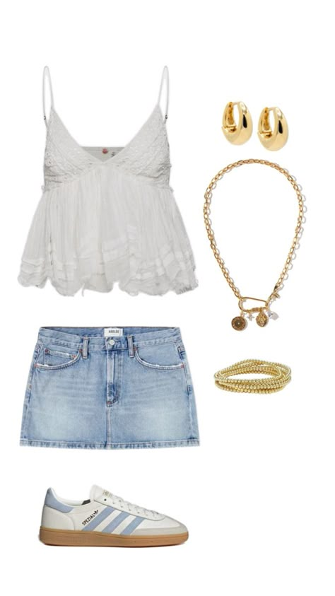 mini denim skirt free people hold jewelry Free People Mini Skirt, Cute Outfits Denim Skirt, Mini Blue Skirt Outfit, Tops To Wear With Denim Skirts, Mini Skirts Denim Outfit, Outfits With Mini Denim Skirt, Denim Skirt Mini Outfit, Cute Outfits With Denim Skirt, How To Style A Denim Mini Skirt