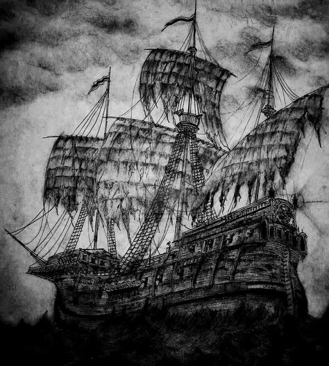 Ghost Ship Drawing, Ghost Ship Tattoo, Ghost Pirate Ship, Drawing Ghost, Ghost Ship Art, Pirate Ship Drawing, Ghost Ships, Ghost Pirate, Creepy Pics