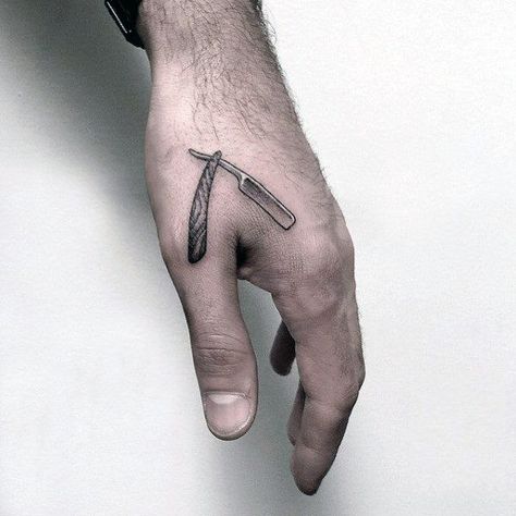 Hand Tattoos For Men, Herren Hand Tattoos, Barber Tattoo, Unique Small Tattoo, Knife Tattoo, Omerta Tattoo, Skeleton Hand Tattoo, Back Of Shoulder Tattoo, Small Hand Tattoos