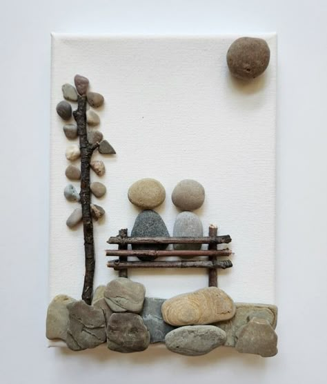 Couple on Bench Pebble Art Small Space Decor | MakerPlace by Michaels Small Stones Art, Small Stones Crafts, Rock Art On Canvas Ideas, Pebble And Shell Art, Sea Rocks Crafts, Beach Stones Art, Easy Pebble Art Ideas, Beach Rock Art Ideas, Small Rock Art