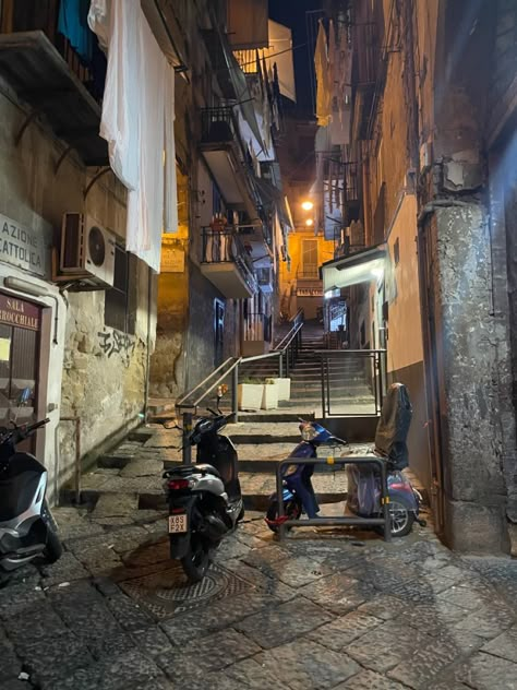 Alleyway in naples italy at night, graffiti, stairs, motorcycle. grunge aesthetic. Europe Grunge Aesthetic, Italian Grunge Aesthetic, Italian Neighborhood Aesthetic, Dark Italian Aesthetic, Italy Alleyway, Italian Alleyway, Naples Italy Aesthetic, Italiano Aesthetic, Alleyway Aesthetic