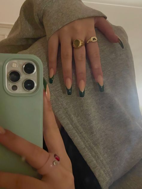 green frenchies Hoco Nails For Green Dress, Emerald French Tip, Emerald Green Nails French Tip, Nails For A Green Dress, Green Tip Nails French, Forest Green French Tip Nails, Emerald Green French Tips, Dark Green French Nails, Baby Green Nails