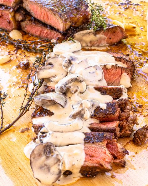 NY Strips with Mushroom Gorgonzola Sauce - Chiles and Smoke Creamy Steak Sauce, Mushroom Cream Sauce, New York Strip Steak, Gorgonzola Sauce, Mushroom Cream Sauces, Butter Steak, Steak And Mushrooms, Garlic Butter Steak, Creamy Mushroom Sauce