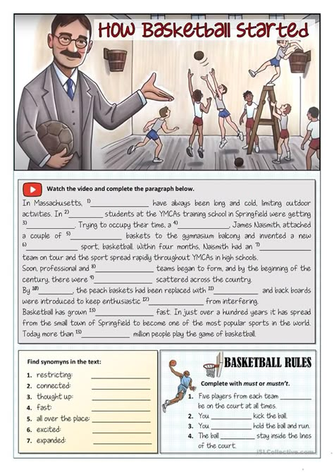 VIDEO TASK - HOW BASKETBALL STARTED - English ESL Worksheets for distance learning and physical classrooms English Class Activities, Basketball Worksheets, Sport English, English Units, English Learning Books, English Teaching Resources, Listening Comprehension, English Games, Grammar Practice